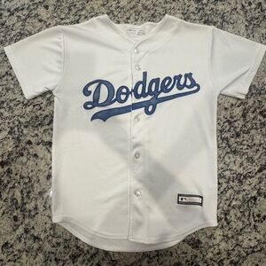 Majestic White Dodgers Button-Front Kids Jersey with Blue Script